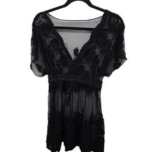Sheer Black Floral Lace Cover-Up Beachy Festival V-Neckline & Waist Tie For Wome